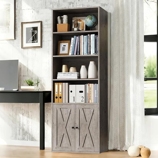 Vongrasig 6-Tier Open Bookcase and Bookshelf with Doors, Floor Standing Farmhouse Display Storage Shelves 71 Inch Wood Tall Bookcase for Home Office, Living Room, Bed Room, Ash Grey
