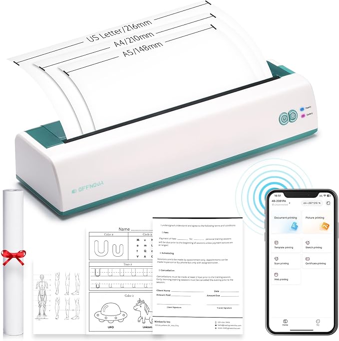 OFFNOVA Portable Printer Wireless for Travel, Thermal Inkless Printer, Support US Letter & A4 Size, Compatible with iOS, Android, Laptop with 1 Roll 8.5" x 11" Thermal Paper, for Mobile Office, Green