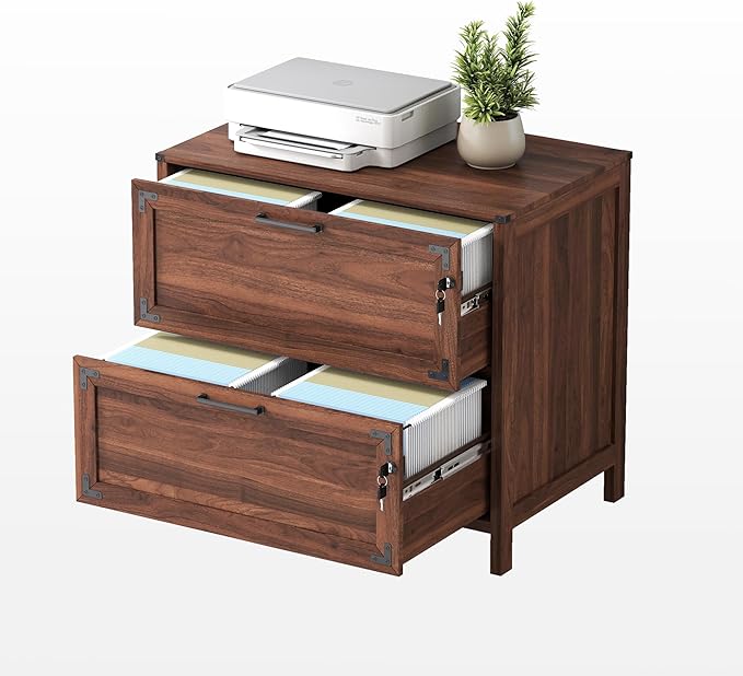 2 Drawer File Cabinet with Lock, Home Office Filing Organizer, for Letter Legal A4 Size Labeled Folders File Folder Storage, Wood Lateral Filing Cabinet (Walnut-W31.5*D20*H28.98in)