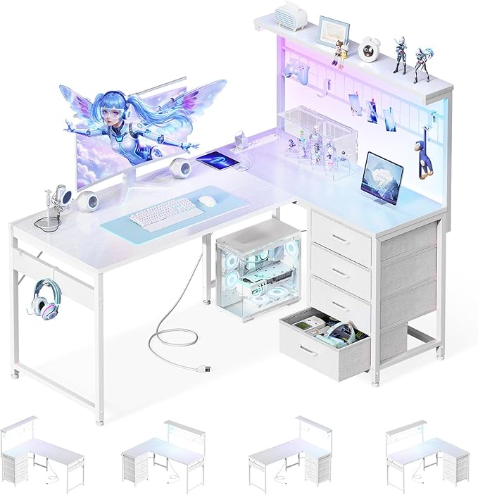 MOTPK 43” L Shaped Gaming Desk for Small Rooms, Compact Corner Computer Table with Shelf & Hutch, 4 Drawers, Reversible Study Table with LED Light, Power Outlets & USB Ports, Home Office Table, White