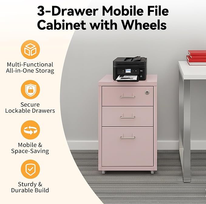 3 Drawer File Cabinet, Lockable Small Filing Cabinet for Home Office, with Wheels, Fits A4 / Letter Size, Steel Office File Cabinets (Pink)