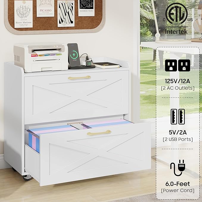 2 Drawer Lateral File Cabinet, Mobile Filing Cabinet with Charging Station for Letter/Legal/A4 Size Hanging Files, Modern Farmhouse File Storage Cabinet with Wheels for Home Office, Simple White