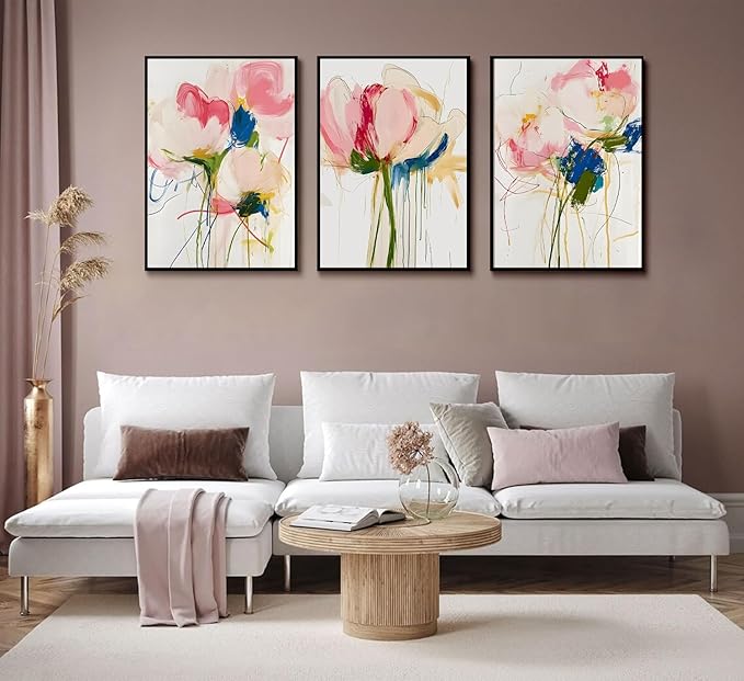 3PCS Colorful Abstract Line Floral Canvas Wall art Botanical Floral Line Posters Print Modern Minimalist Flower Pictures Wall Decoration for Girls' Room Bedroom Living room Unframed