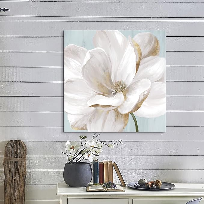 SEVEN WALL ARTS White Magnolia Wall Art Flower Artwork Floral Canvas Painting Vintage Nature Botanical Painting Modern Farmhouse Wall Decor for Bedroom Living Room Bathroom Office 24"x24"