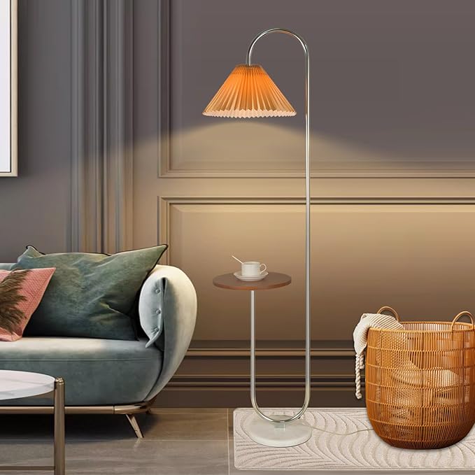 beaysyty Modern Elegant with Tray Floor Lamp for Office Cafe Den Living Room Bedroom, Foot Switch and Chrome Finish, Orange Pleated Cloth Lampshade