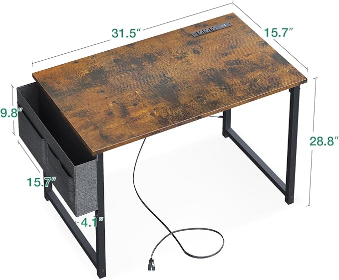 KKL Small Desk with Power Outlets and USB Port Computer Desk for Home Office Gaming Simple Modern Style Writing Desks with Storage Bag Headphone Hook, 32 inch, Rustic Brown