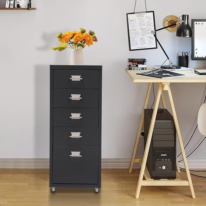 5 Drawer Mobile File Cabinet, Metal Mobile Filing Cabinets with Lock, Storage Organization with Wheels Vertical Filing Chest Rolling Wood for Home Office to Organization Hanging Letter/Legal/F4/A4