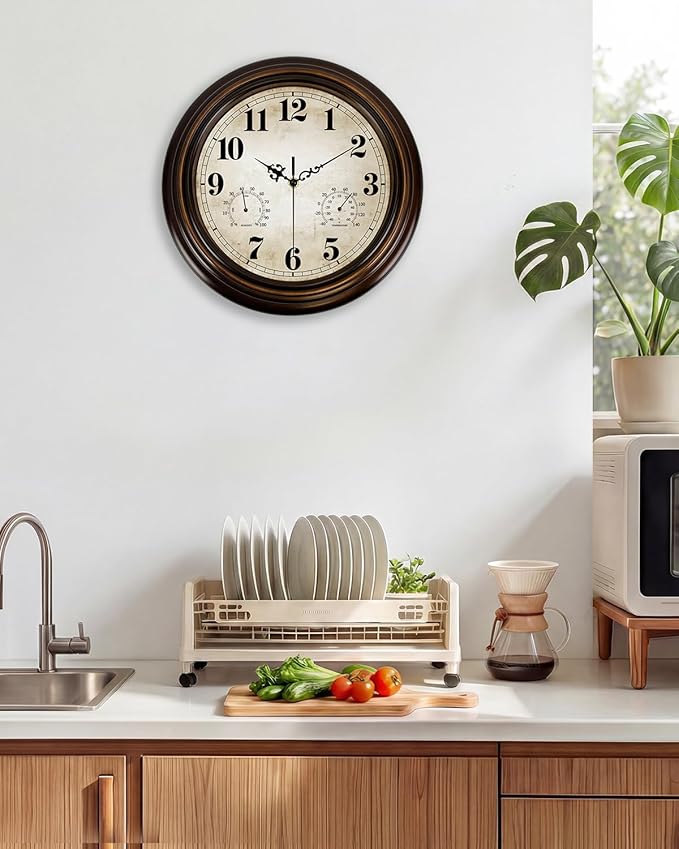 Vintage Wall Clock 13 Inch Quartz Silent Non-Ticking Analog Clock with Thermometer and Hygrometer, Battery Operated Rustic Round Decorative Clock for Living Room Kitchen Home Office