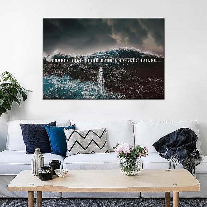 Motivational Canvas Wall Art Inspirational Success Painting Smooth Seas Picture Poster Positive Motto Office Quotes Print Artwork for Living Room Office Framed Stretched Ready to Hang [36''Wx24''H]