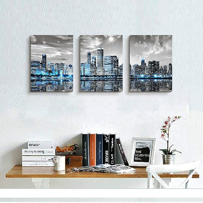 SERIMINO Chicago Skyline Wall Art for Living Room, Modern City Pictures Canvas Wall Decor for Office Bedroom 3 Pieces Set Night Scene Prints Paintings for Home 12"X16"