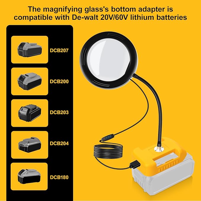 8X Magnifying Glass with Light and Battery Adapter for DeWalt 20V Li-ion Battery, 72 LED 3 Color Modes Stepless Dimmable Desk Lamp, Hands Free Flexible Gooseneck Magnifier for Close Works Crafts Hobby