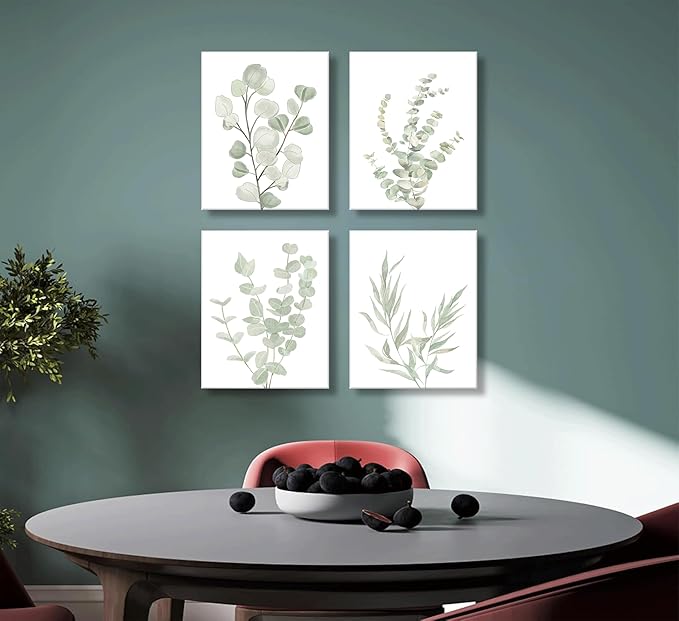 4pcs Sage Green Boho Wall Art Eucalyptus Posters Green plants Canvas Minimalist Plant Painting Modern Farmhouse prints Flower Leaves Prints Wall Decor framed