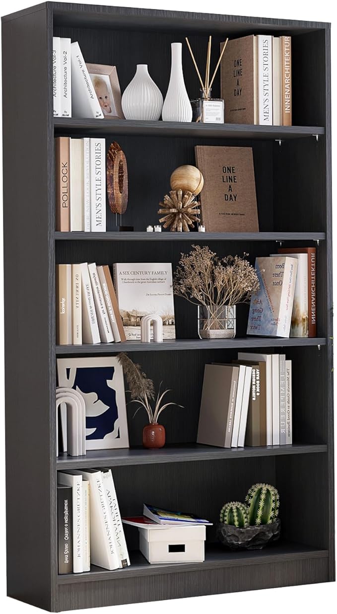Bookcase Adjustable Storage Shelves,5-Tier Modern Wood Bookcase for Bedroom,60-Inch Bookshelf, Office, Living Room & Library(Grey)