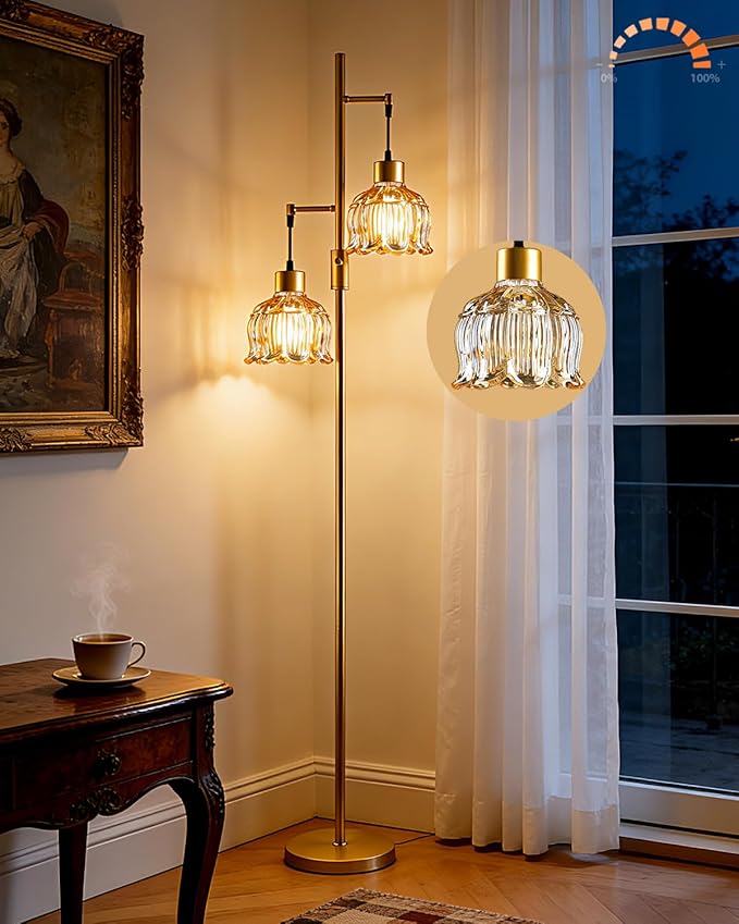 2-Light Gold Floor Lamp for Living Room, 65IN Tall Standing Lamps Dimmable with Brown Glass Lampshade, 3000K Warmwhite Mid Century Modern Floor Lamp for Bedroom/Office/Corner/Sofa Beside
