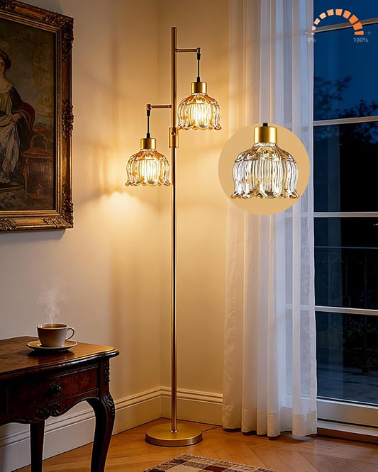 2-Light Gold Floor Lamp for Living Room, 65IN Tall Standing Lamps Dimmable with Brown Glass Lampshade, 3000K Warmwhite Mid Century Modern Floor Lamp for Bedroom/Office/Corner/Sofa Beside