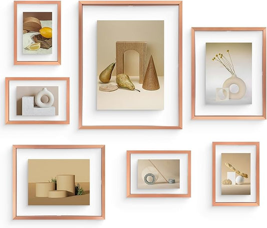 Frametory, Floating Picture Frames Set - Rose Gold Metal Photo Frames - Real Glass - Display One 11x14, Two 8x10, and Four 5x7 Inch Photos for Home Decoration