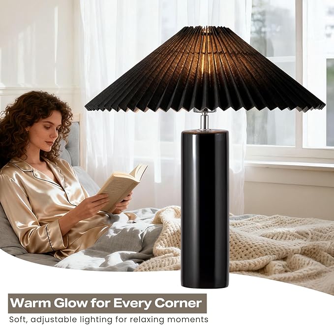 Ceramic Table Lamps for Bedroom, Adjustable Shade Lamps for Night Stands, Modern Cylindrical Nightstand Table Lamps 5W E26 for Bedroom Bedside Buffet, Black