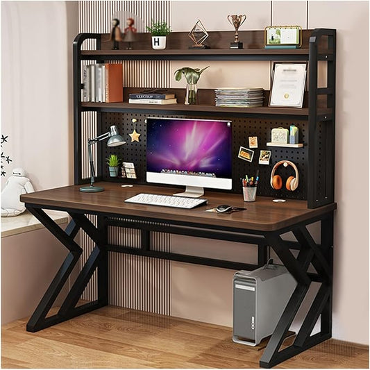 39.3in Gaming Desk with Bookshelf Combo, Computer Desk with Pegboard, Large Writing Table with Desktop Shelves, Ample Leg Room, for Home Office (Brown, 39.3in)