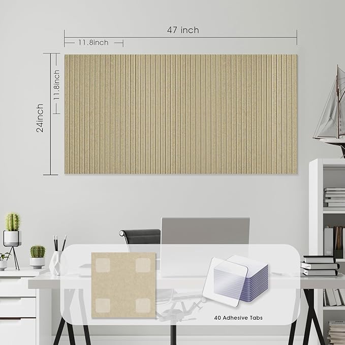 Large Cork Board for Office, 8 Pack Felt Wall Tiles with Slat Wall Paneling and Safe Removable Adhesive Tabs, Felt Bulletin Board Pin Board Cork Boards for Walls - Tan