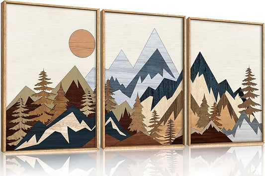 HOURIA Mid Century Mountain Woodland Framed Wall Art Set,Boho Sunrise Pine Tree Wall Decor,Wilderness Nature Forest Artwork,Modern Woodcut Field Art Print for Living Room,Bedroom,Office- 24"x36"x3