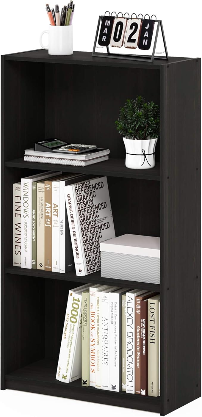 FURINNO Basic 3-Tier Bookcase/Bookshelf/Storage Shelves, Dark Espresso 9.25D x 21.73W x 39.5H in