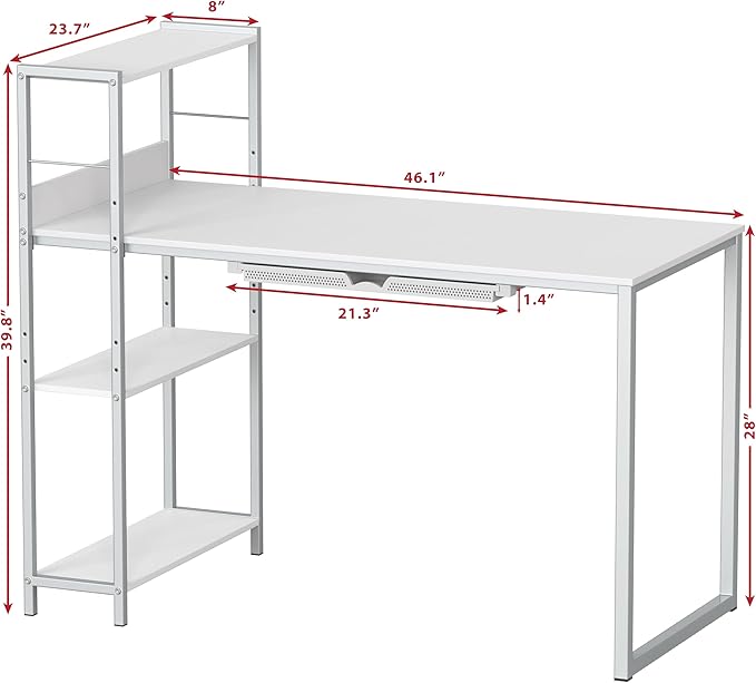 SHW 46-Inch Home Office Mission Computer Desk with Side Shelf and Drawer, White