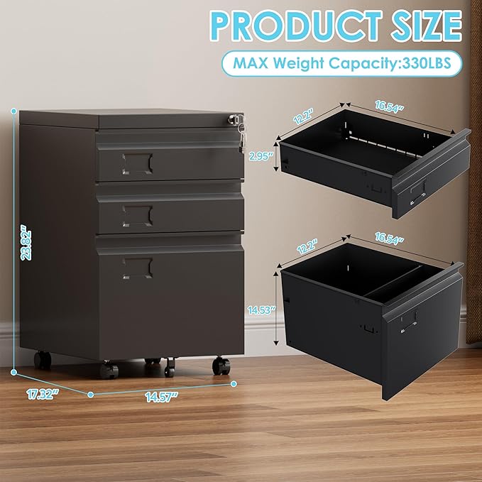 Aobabo 3 Drawer Metal File Cabinet with Lock, Heavy Duty Under Desk Rolling Filing Cabinet for Home Office Organizer, Mobile Pedestal with 5 Wheels for Letter and Legal Size, Black,Required Assembly