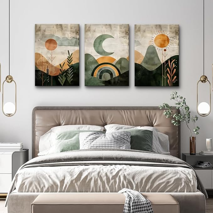 TTHYUEWS Large Wall Decor For Living Room Boho Wall Art For Bedroom Office Wall Decorations Canvas Print Paintings Abstract Geometry Wall Pictures Modern Home Decor Artwork 3 Piece Ready To Hang