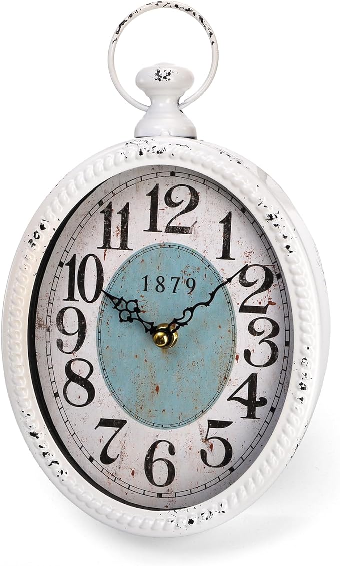 ZENFUN Oval Retro Wall Clock, Rustic Silent Clocks, Elegant Vintage Style, White Antique Design, Battery Operated Non Ticking Wall Clock for Kitchen,Farmhouse, Office(11.2" H x 6.7" W)