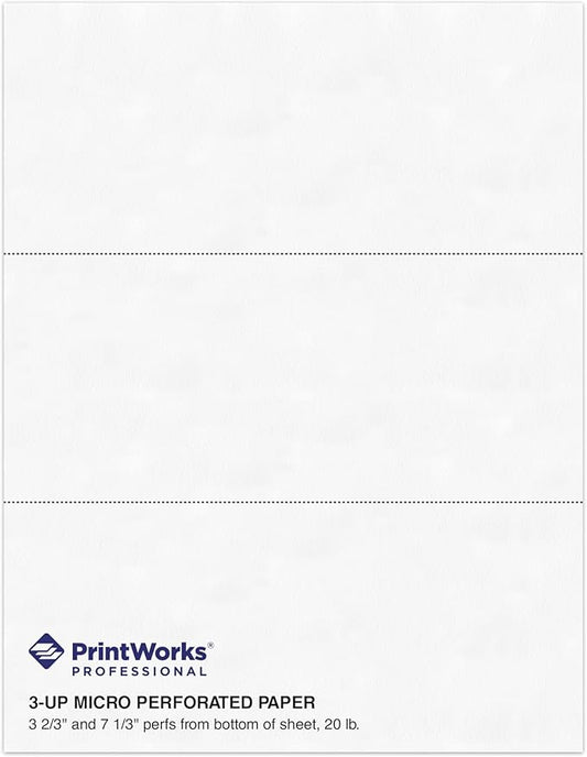 PrintWorks Professional 3 Part Perforated Paper 8.5” x 11” - Perfect for W-2, 1099, & Statement Use - Made in the USA - 500 Sheets - 20 lb - Printer Compatible - White (04120)
