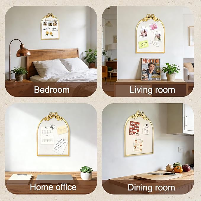 Vintage Arched Linen Cork Board with Gold Bow – Decorative Bulletin Board for Walls, Metal Frame Pin Board for Notes, Photos & Reminders, Elegant Vision Board for Home & Office 16"x21"