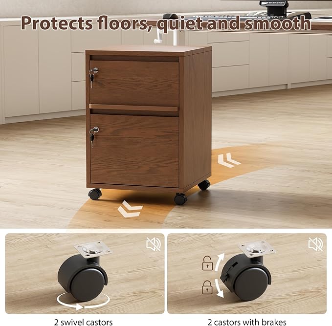 KungFuWood Wheeled Double-Drawer Filing Cabinet, Lockable Metal Filing Cabinet, Suitable for Home Offices or Storage cupboards for Storing Legal documents or Letter-Sized Files.