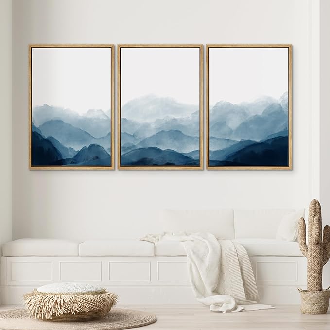 SIGNWIN Framed Canvas Print Wall Art Blue Watercolor Mountains in Fog Nature Wilderness Illustrations Modern Art Rustic Scenic Relax/Calm Cool for Living Room, Bedroom, Office - 24"x36"x3 Natural