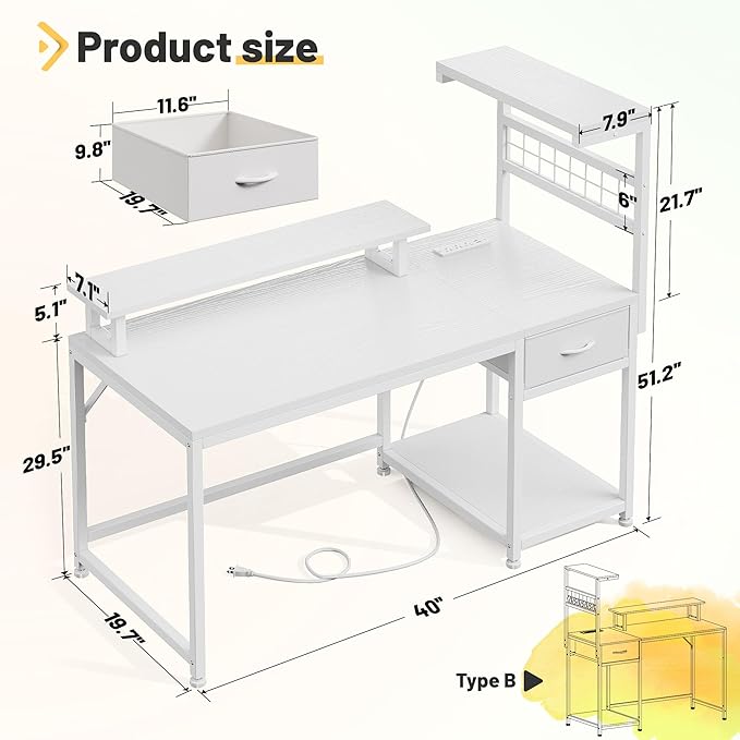 EnHomee 40" Computer Desk with Drawer & Storage Shelves, Home Office Desk with Monitor Stand, Gaming Desk with LED Lights & Power Outlets for Living Room, Study Room, Gaming Room, White