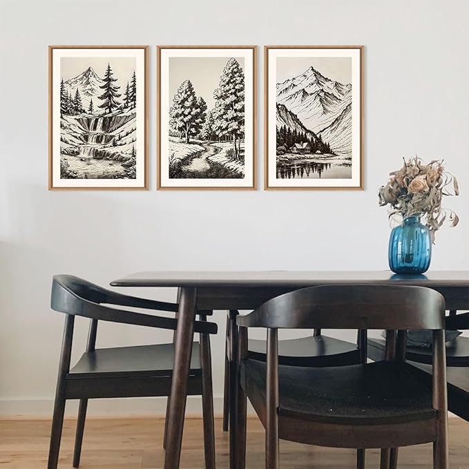 HOURIA Vintage Sketch Pine Tree Mountain Framed Canvas Wall Art Set,Moody Retro Antique Wilderness Botanical Ridge Decor,Modern Natural Black White Artwork for Living Room,Bedroom,Farmhouse- 16"x24"x3
