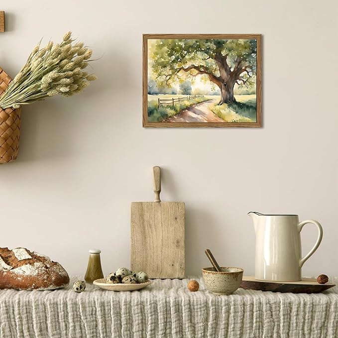 Framed Vintage Tree Landscape Wall Art, Watercolor Country Road Nature Wall Decor Paintings, Rustic Countryside Pictures Canvas Prints Aesthetic Home Decor for Living Room Bedroom Bathroom 12x16 inch