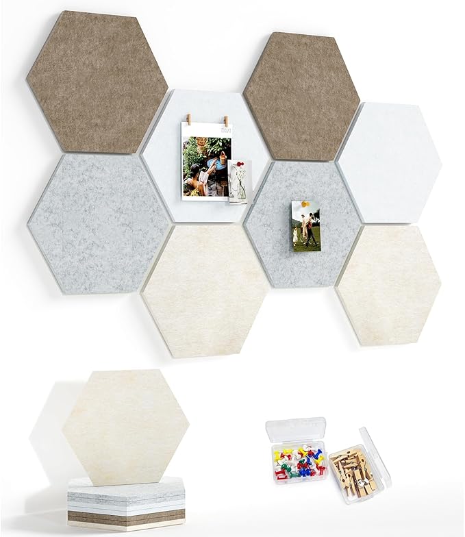8 Pack Hexagon Felt Bulletin Board Tiles - 11.8" Large Thick Pin Board for Walls with 30 Push Pins, DIY Boards for Office Home School Decor, Aesthetic Hex Cork Board Alternative