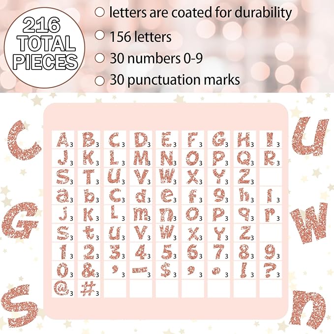 Colarr 216 Pcs Glitter Bulletin Board Letters for Classroom Number Alphabet Punctuation Symbol Cutout 4'' Die-Cut Poster Letter with Adhesive Dot School Party Holiday Decor Display(Rose Gold)