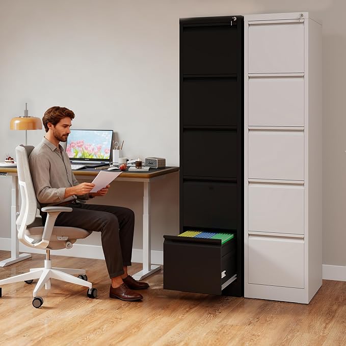 5 Drawer File Cabinet with Lock, Vertical Filing Cabinets for Home Office, Metal Storage Cabinets, Heavy Duty File Cabinet for Letter/Legal/A4/F4 Size Amsseble Required, White