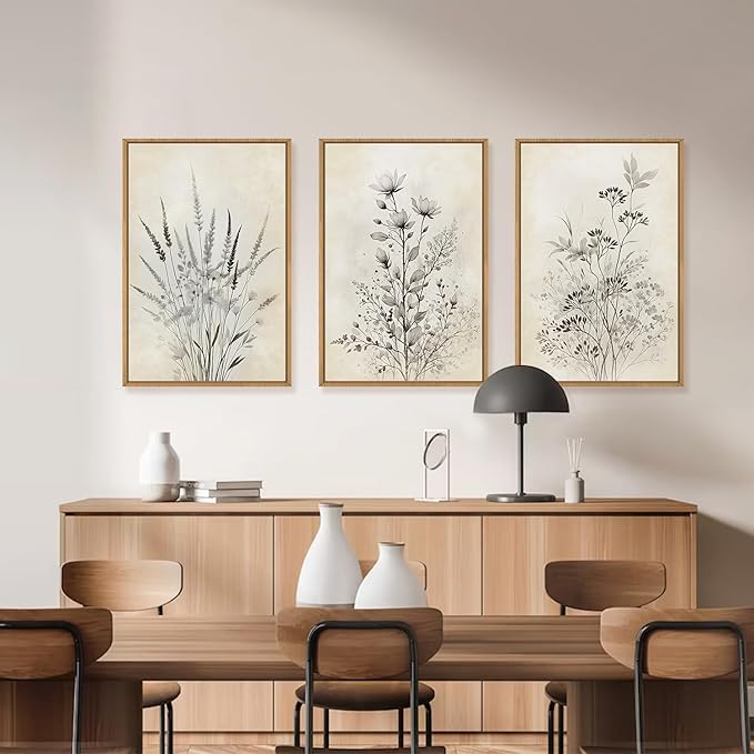 Large Neutral Flower Botanical Framed Canvas Wall Art,Boho Wildflowers Ink Wall Decor,Vintage Bouquet Wall Painting,Nature Artwork for Living Room,Bedroom,Dining Room,Office -24"x36"x3