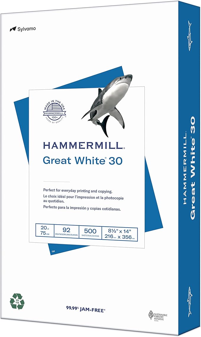 Hammermill Printer Paper, Great White 30% Recycled Paper, 8.5 x 14 - 1 Ream (500 Sheets) - 92 Bright, Made in the USA, 086704