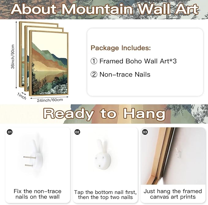 CHDITB Mountain Sun Forest Framed Art Prints(Set of 3, 24”x36”), Boho Watercolor Nature Landscape Canvas Artwork Painting, Abstract Foggy National Park Scenery Poster Decor for Living Room Bedroom