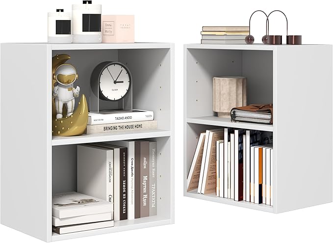 Tangkula 2-Tier Bookshelf, Open Shelf Bookcase with 7-Position Adjustable Shelf, Multifunctional Wooden Cubby Storage Display Shelf for Home Office Study Living Room (White, 2)