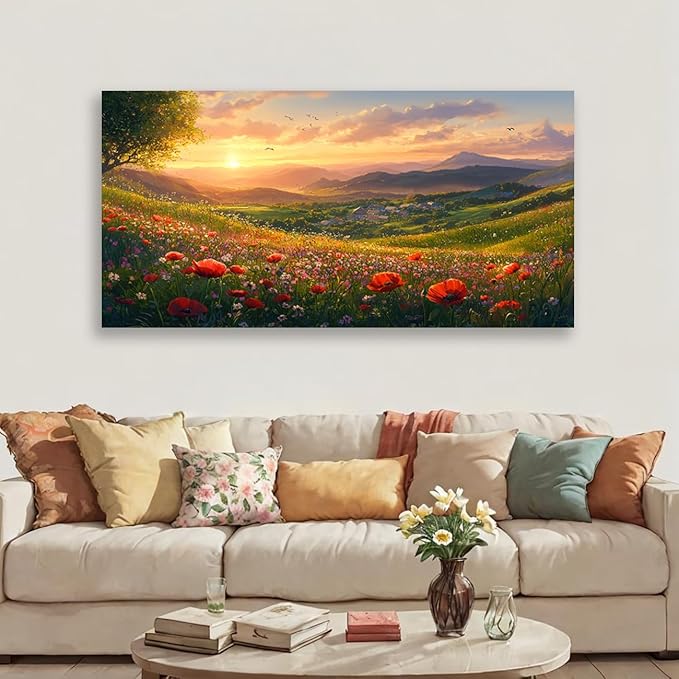 JLXART Wall Art for Living Room Decor Mountain Sunset Landscape Canvas Wall Art with Red Poppies Prints Nature Scenery Artwork Framed Size 20 x 40 in Ready to Hang