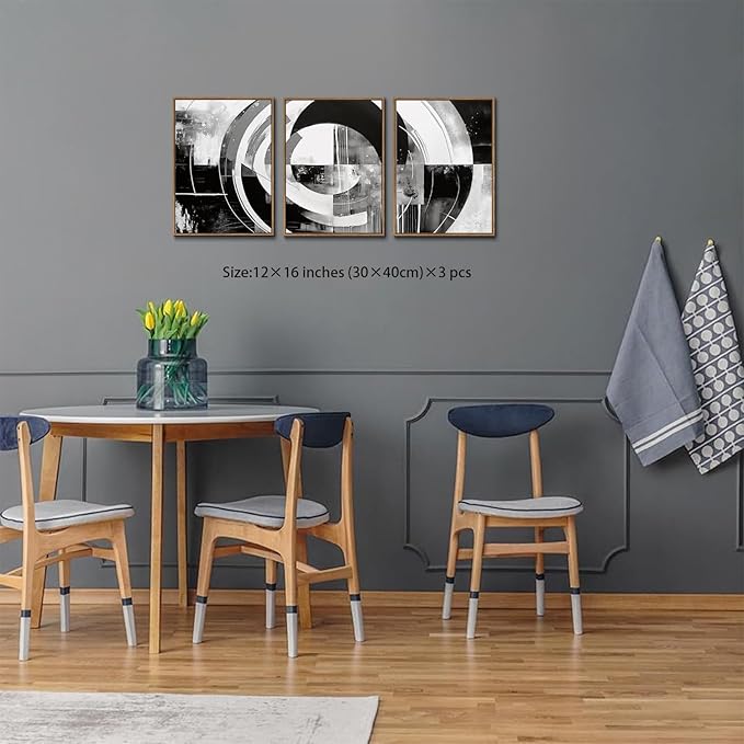 myusuar 3 Piece Large Modern Abstract Canvas Framed Wall Art For Living Room, Black And White Rings Minimalist Wall Art Decor Posters Prints For Bedroom Office, 12x16in