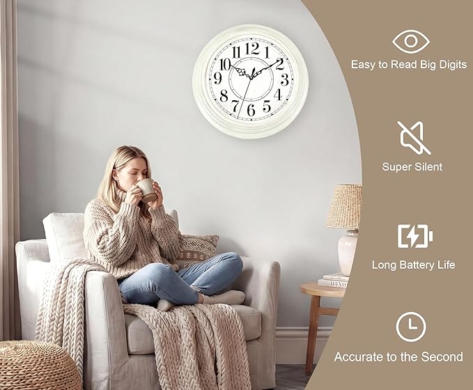 Vintage Wall Clock 13 Inch Quartz Silent Non-Ticking Analog Clock Battery Operated Rustic Round Decorative Clock for Living Room Kitchen Home Office Classroom
