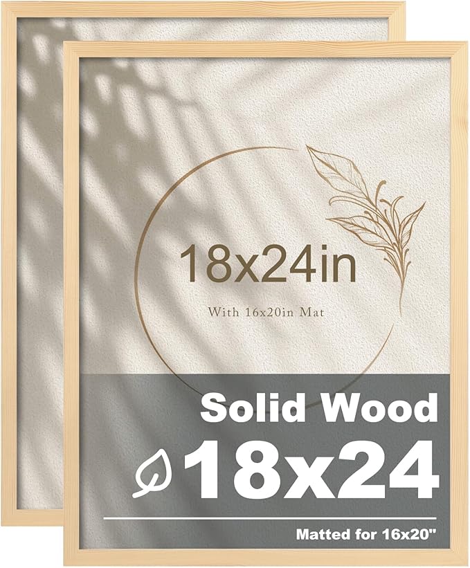 Egofine 18x24 Poster Frame Set of 2 Solid Wood Frame with Plexiglass Matted for 16x20 for Wall Mounting Hanging Picture Frame Vertically or Horizontally, Natural Wood