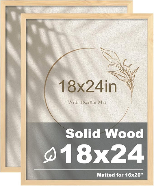 Egofine 18x24 Poster Frame Set of 2 Solid Wood Frame with Plexiglass Matted for 16x20 for Wall Mounting Hanging Picture Frame Vertically or Horizontally, Natural Wood