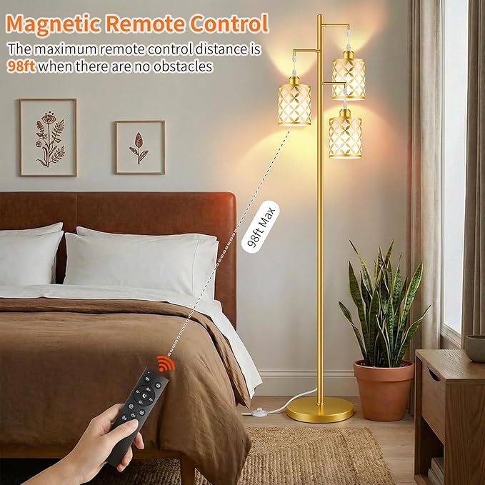 New Upgraded 72" Tall Dimmable Floor Lamp with 3 x 1100LM 12W Bright LED Bulbs, Farmhouse Standing Lamp with Remote Control, Industrial Tree Pole Floor Lamps for Living Room, Bedroom, Office - Gold