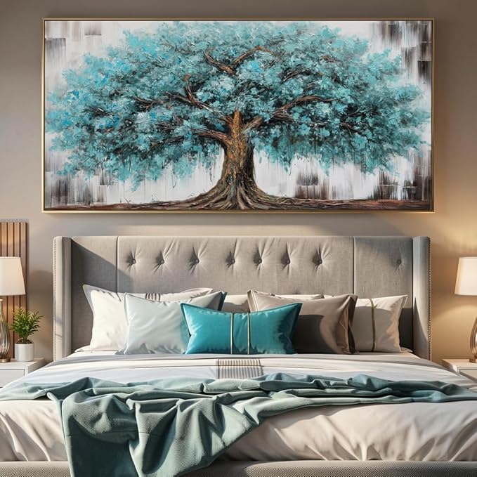Wall Art Tree of Life Abstract Modern Artwork Blue Teal Tree Canvas Painting for Bedroom Living Room Office Large Decor 24"x48" with Framed